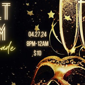 adult prom promo for titusville mill, photo featuring masquerade mask and champaign flutes