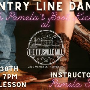 boots and pamela dancing as promo for country line dancing at titusville mill with pamela's boot kickers
